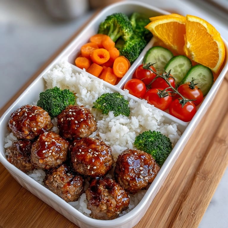 Fresh vegetables and tender meatballs: the sweet and tangy Orange Cream Soda BBQ Meatball bento lunch is perfect!