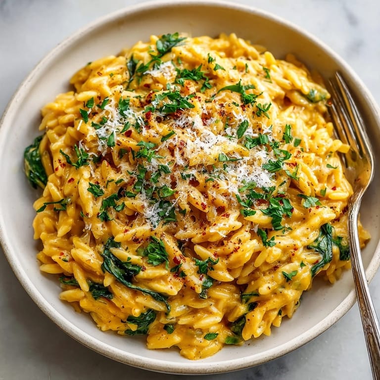 A steaming bowl of One-Pot Pumpkin Parmesan Orzo, garnished with parsley and extra cheese; delicious!