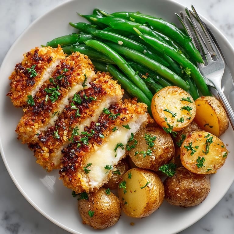 Crispy pretzel crust coats baked Pretzel-Crusted Sheet-Pan Chicken, potatoes, and side of cherry mustard.