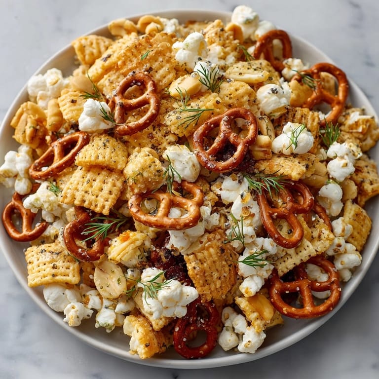 Golden baked Dill Pickle Ranch Cracker-Pop Mix, perfectly coated and ready to serve for a flavorful treat.