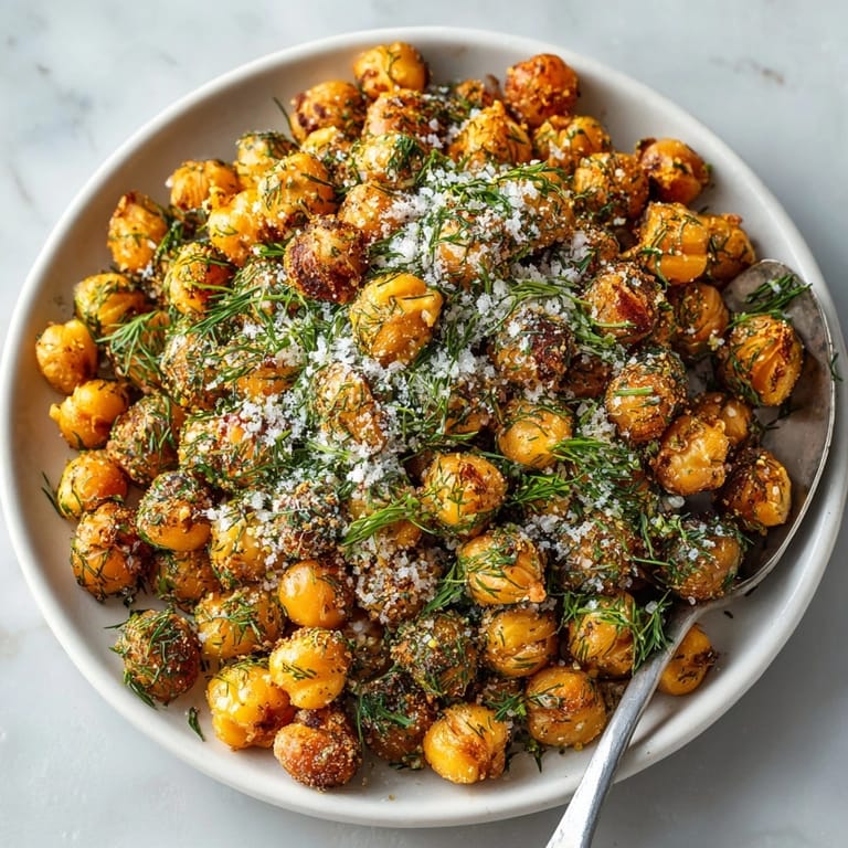 Close-up of flavorful Dill Pickle Dust Roasted Chickpeas, showing the perfect crispiness and tangy seasoning.
