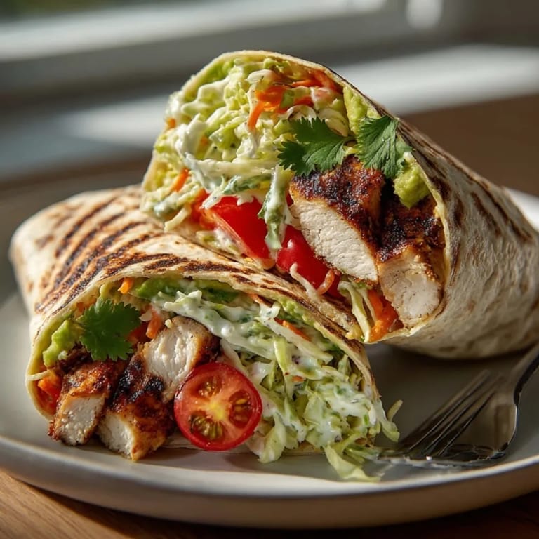 A delicious display shows fresh Grilled Chicken Avocado-Lime Wraps ready to eat, full of flavor.
