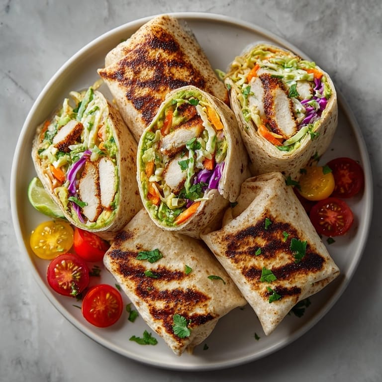 See the filling of our Grilled Chicken Avocado-Lime Wraps featuring cilantro and sliced chicken.