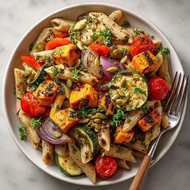 Warm Maple Roast Veggie Pasta Salad showcasing tender roasted vegetables and a delicious, flavorful vinaigrette.