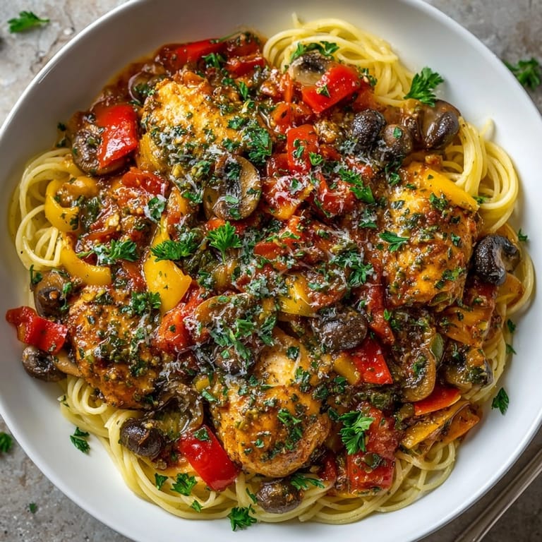 Golden-brown chicken pieces and vegetables simmered in a fragrant sauce, the vibrant Chicken Cacciatore.