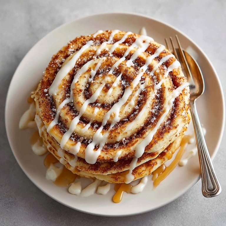 Fluffy cinnamon roll pancakes, swirled with cinnamon and finished with sweet glaze for brunch.