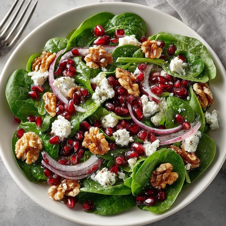 Colorful Pomegranate Spinach Salad featuring juicy pomegranate seeds, creamy feta, and crunchy walnuts.