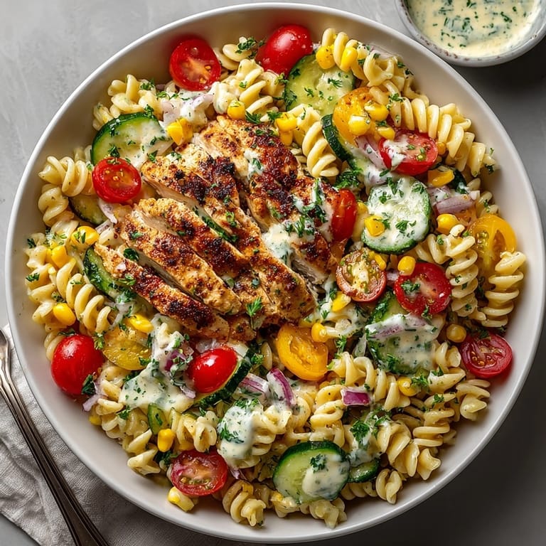 Cajun Chicken Pasta Salad arranged on a picnic table, featuring spicy chicken, pasta spirals, and garden veggies.