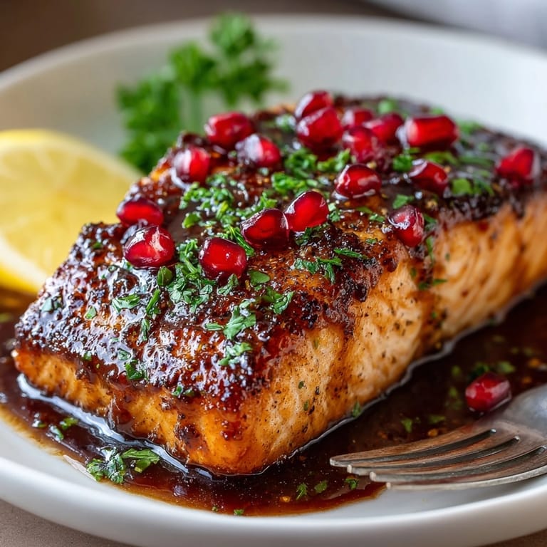 Tender, flaky salmon coated in pomegranate balsamic glaze, garnished with parsley for a festive dinner.