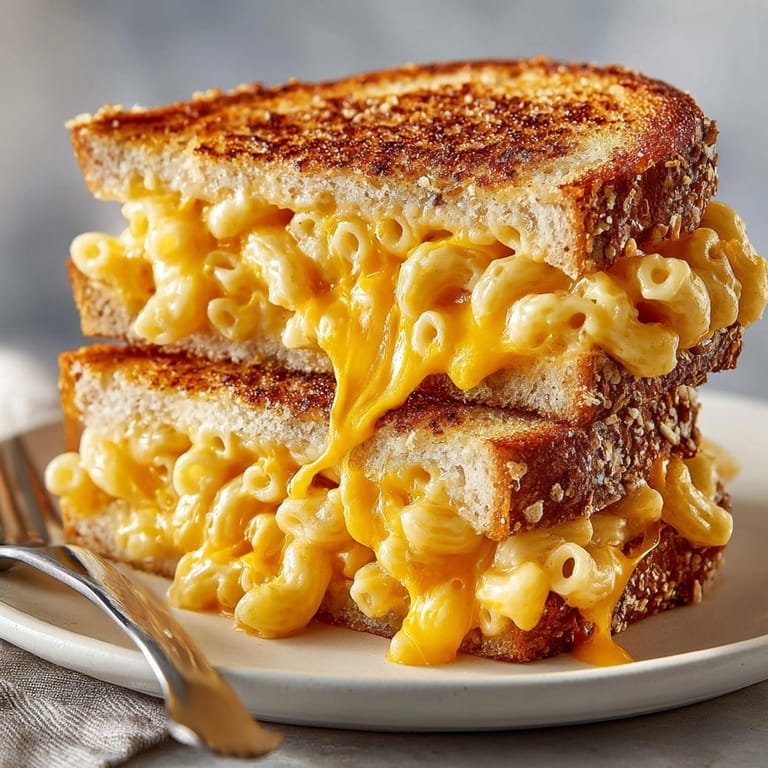 Close-up of a Mac and Cheese Grilled Cheese sliced in half, revealing gooey pasta filling.