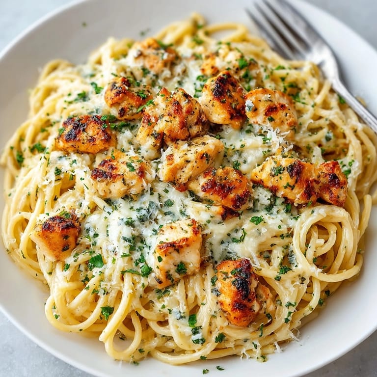 Creamy Monterey Chicken Spaghetti in a skillet, showcasing golden chicken and rich, cheesy sauce.