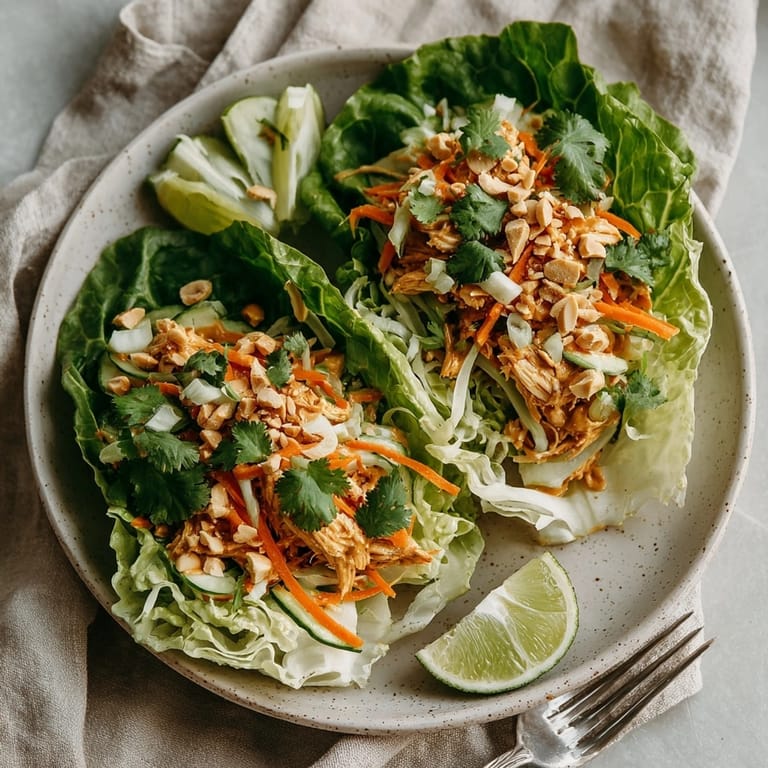 Colorful Thai Peanut Chicken Lettuce Wrap Tacos on a platter, drizzled with creamy peanut sauce