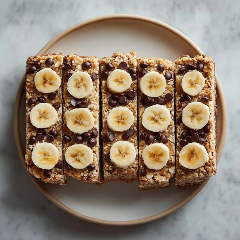 Peanut butter banana protein bars sliced and stacked, highlighting moist texture and hearty ingredients.