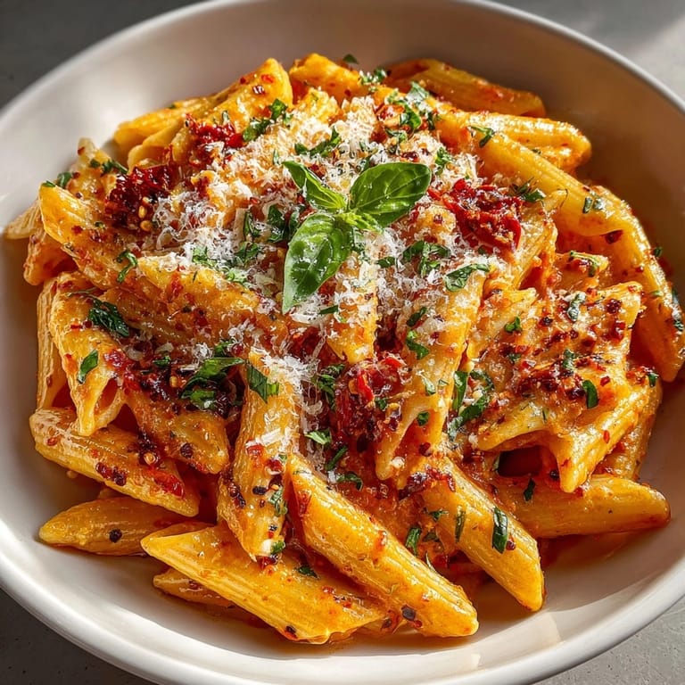 Velvety creamy tomato pasta in a skillet, glistening with sauce and sprinkled cheese.