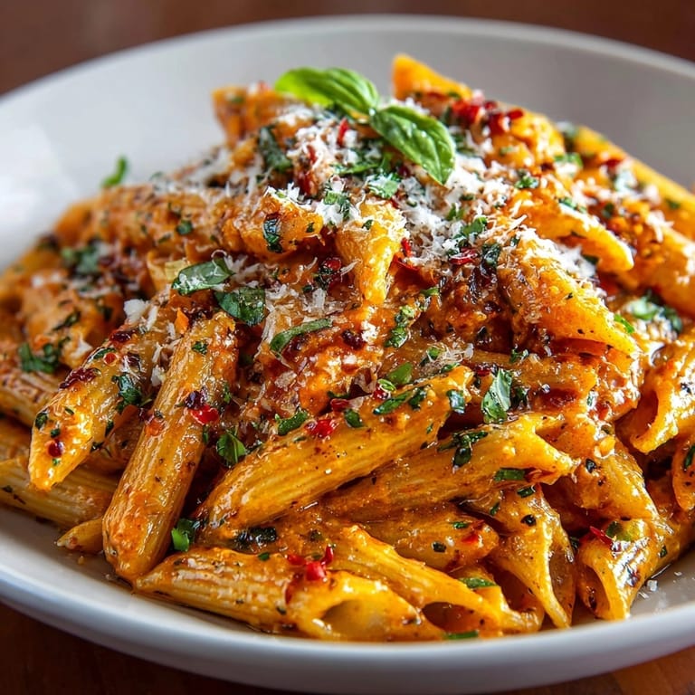 Freshly cooked creamy tomato pasta with fusilli noodles, garnished for an inviting family meal.