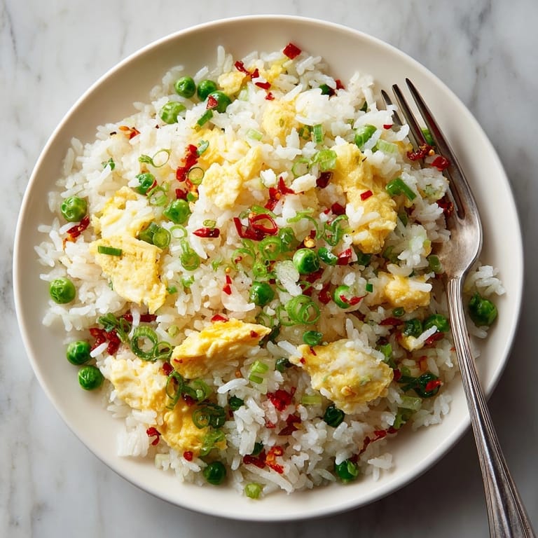 Serving bowl of Instant Egg Fried Rice, glistening with soy sauce and scattered with sesame seeds.
