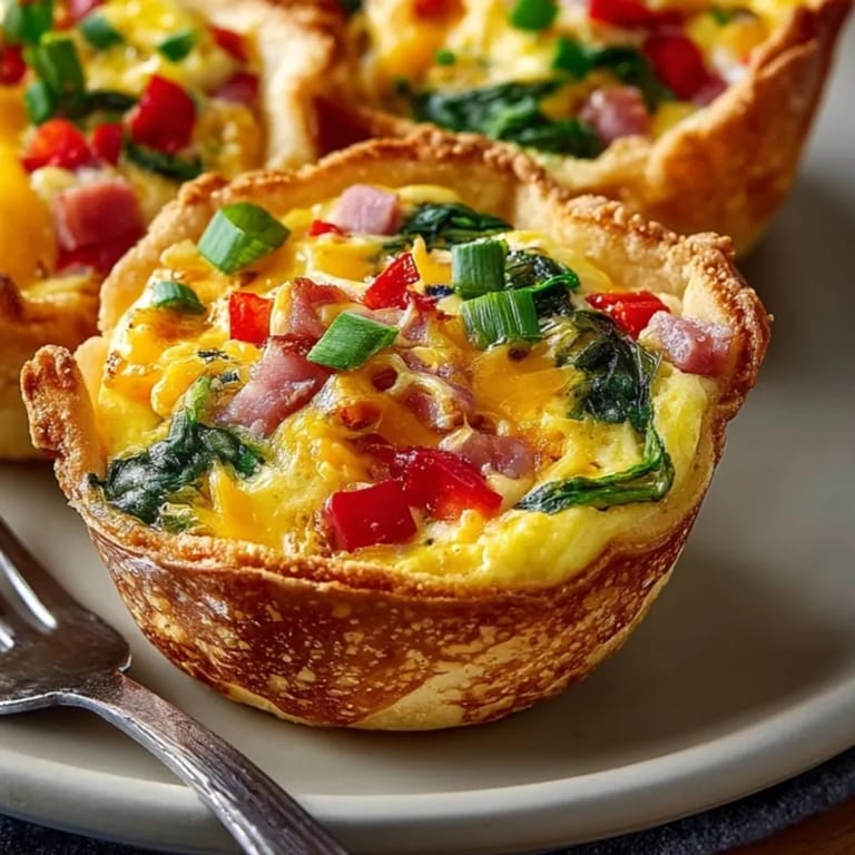 Crispy breakfast egg roll cups filled with savory eggs, peppers, and melted cheddar cheese, perfect for brunch