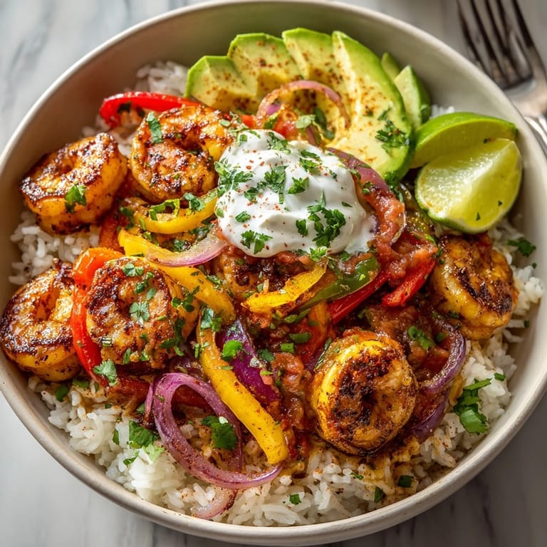 Steaming shrimp fajita rice bowls filled with seasoned shrimp, charred peppers, and zesty lime rice