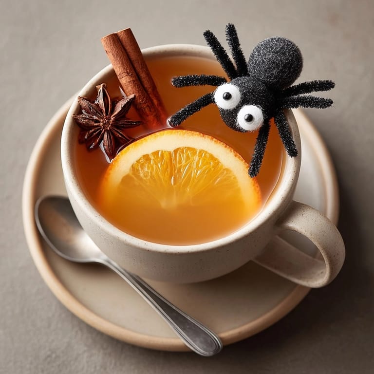 Spiced apple Spider Cider: A Halloween treat with eerie licorice spider garnish and festive flavors.