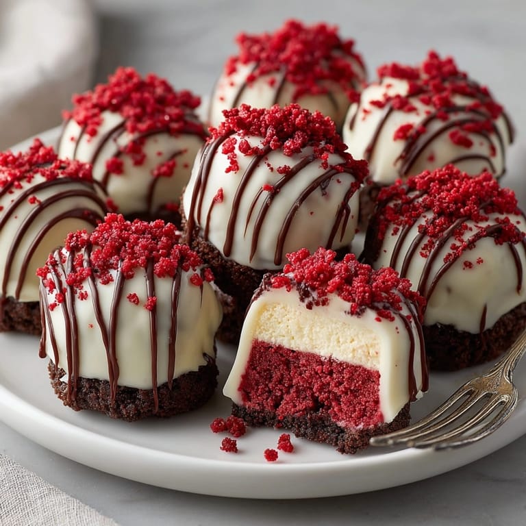 Delectable red velvet cheesecake bites with white chocolate drizzle and colorful sprinkles.