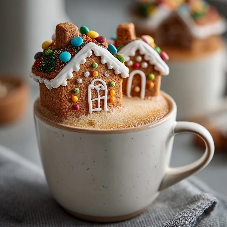 Homemade gingerbread house mug toppers with warm spices, a delightful DIY treat for mugs.