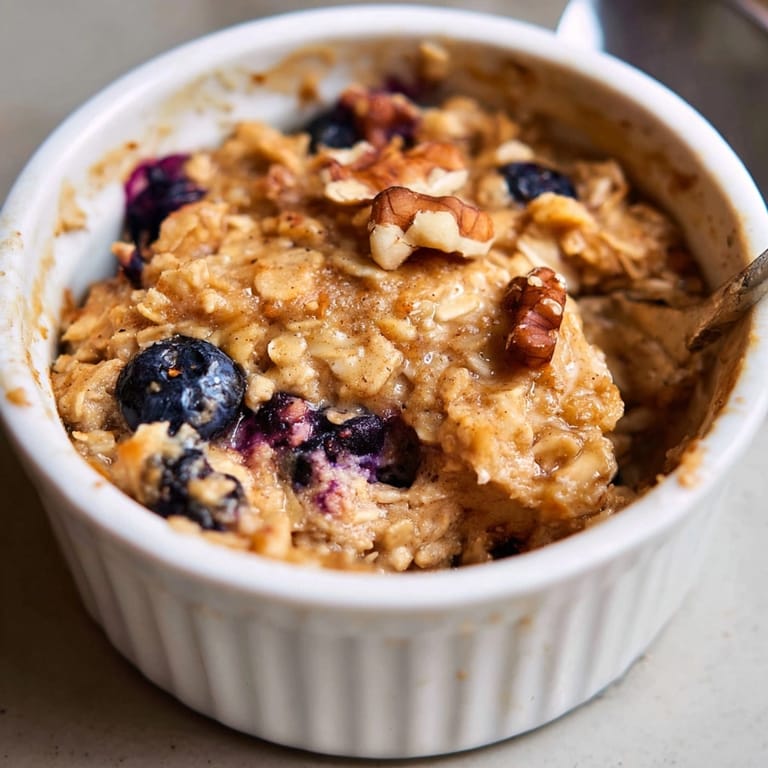 Close-up of creamy, blended Baked Oats in a ramekin, highlighting the moist texture.