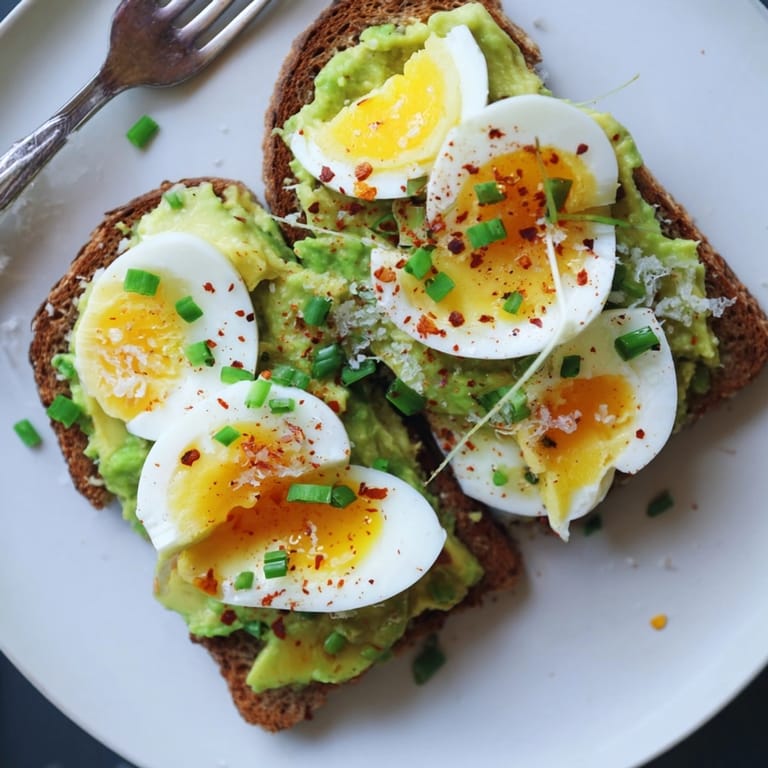 Close-up revealing salted, sliced Hard-Boiled Egg Avocado Toast—a simple, savory breakfast recipe.