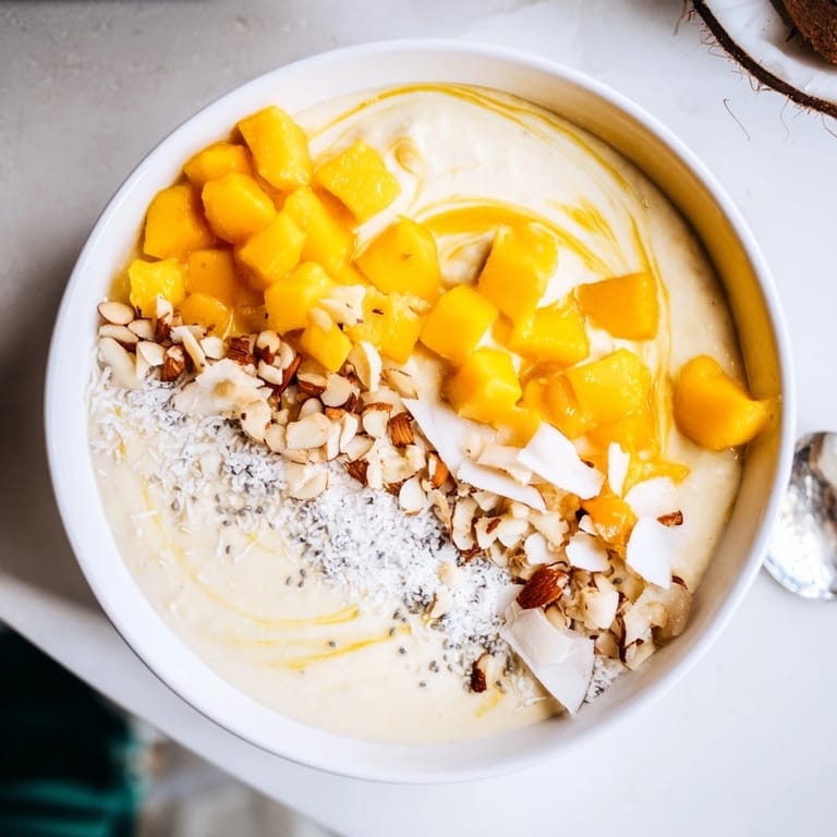 Homemade Mango Blended Overnight Oats after chilling overnight, a make-ahead breakfast treat.