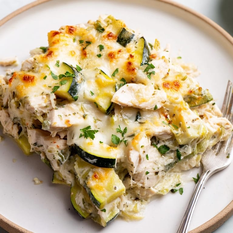 Delectable Alfredo Chicken Zucchini Casserole, perfect for a weeknight, with a creamy, golden crust.