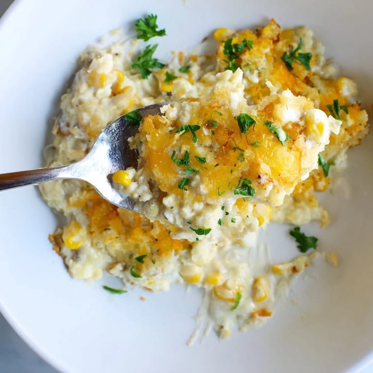 An easy Garlic Parmesan Sweet Corn Bake, bubbly and cheesy, ready to serve.