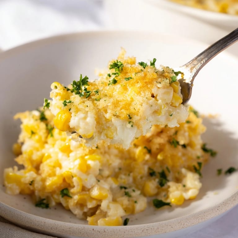 Close-up of hot, creamy Garlic Parmesan Sweet Corn Bake dish sprinkled with parsley.