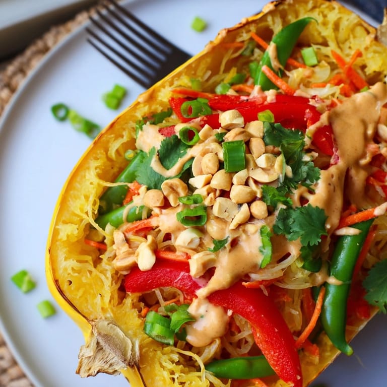 Fork-tender Thai Peanut Spaghetti Squash Boats, brimming with colorful vegetables and tangy peanut sauce.