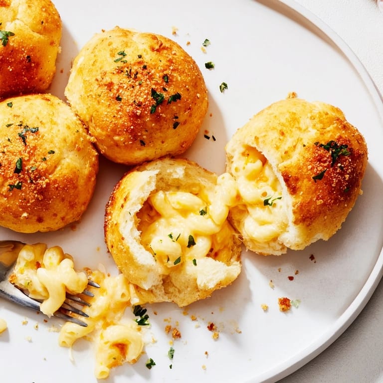 Homemade Mac and Cheese Garlic Dough Balls oozing with cheesy filling; delicious, shareable appetizer.