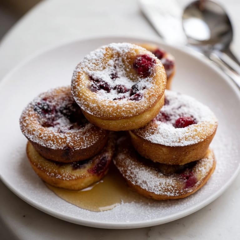 Warm and chewy cranberry mochi muffin blinis topped with powdered sugar drizzle.  