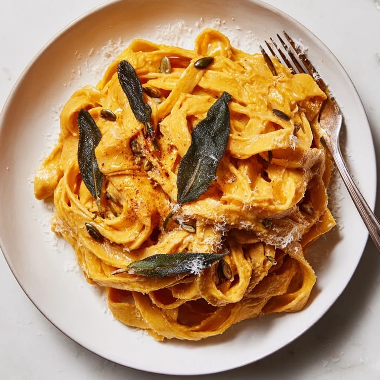 Warm bowls of Festive Pumpkin Pasta with nutty brown butter and seasoned pumpkin seeds.