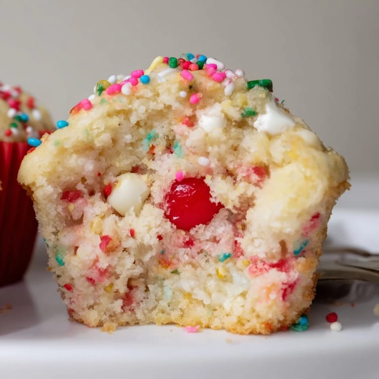 Deliciously fluffy Funfetti Cherry Soda Cookie Muffins bursting with vibrant cherry and sweet sprinkles.  