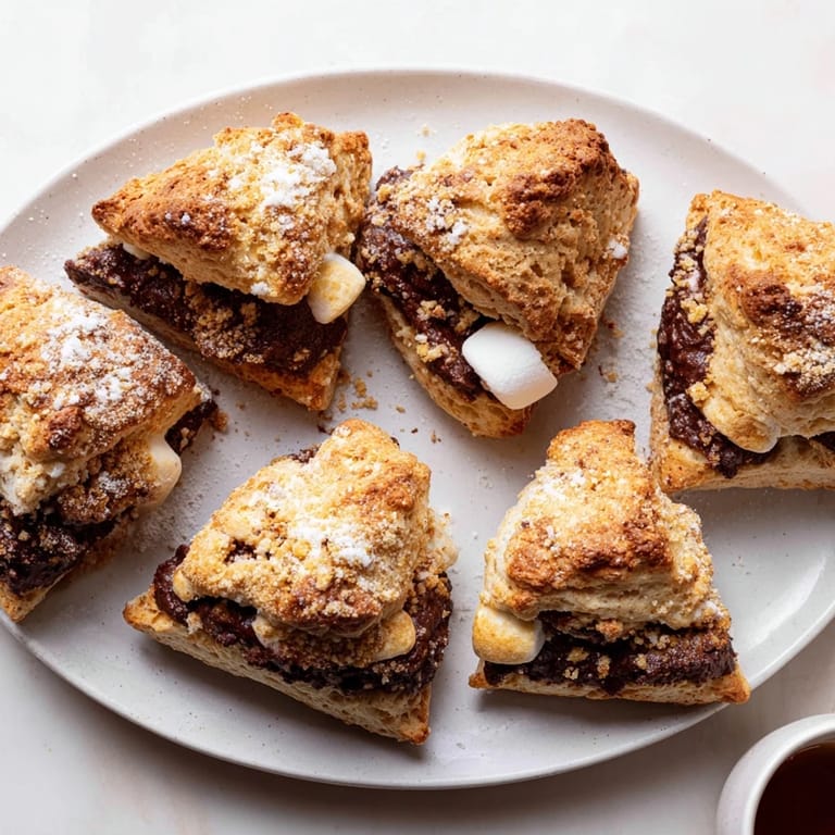 Delicious s'mores flaky biscuit scones just pulled from the oven, warm and inviting, ready to enjoy.