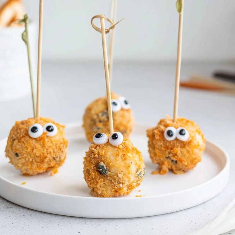 Tender bites of Cheddar Jalapeño Monster Cake Pops coated in crunchy panko breadcrumbs.