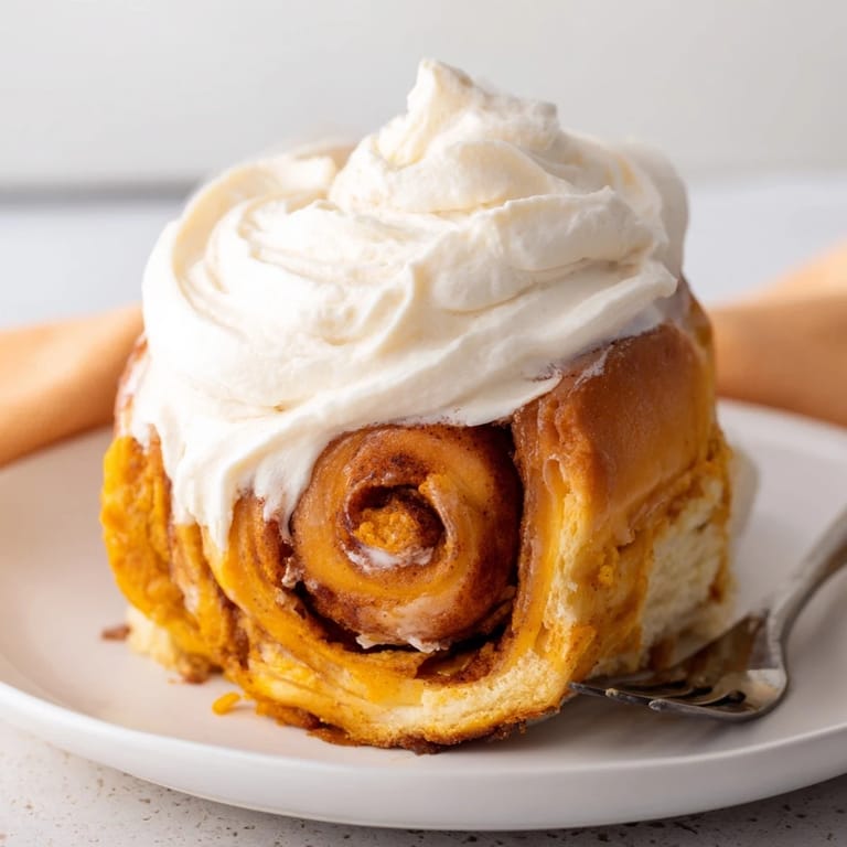 Irresistible pumpkin cinnamon rolls topped with velvety cream cheese glaze, ideal for brunch.