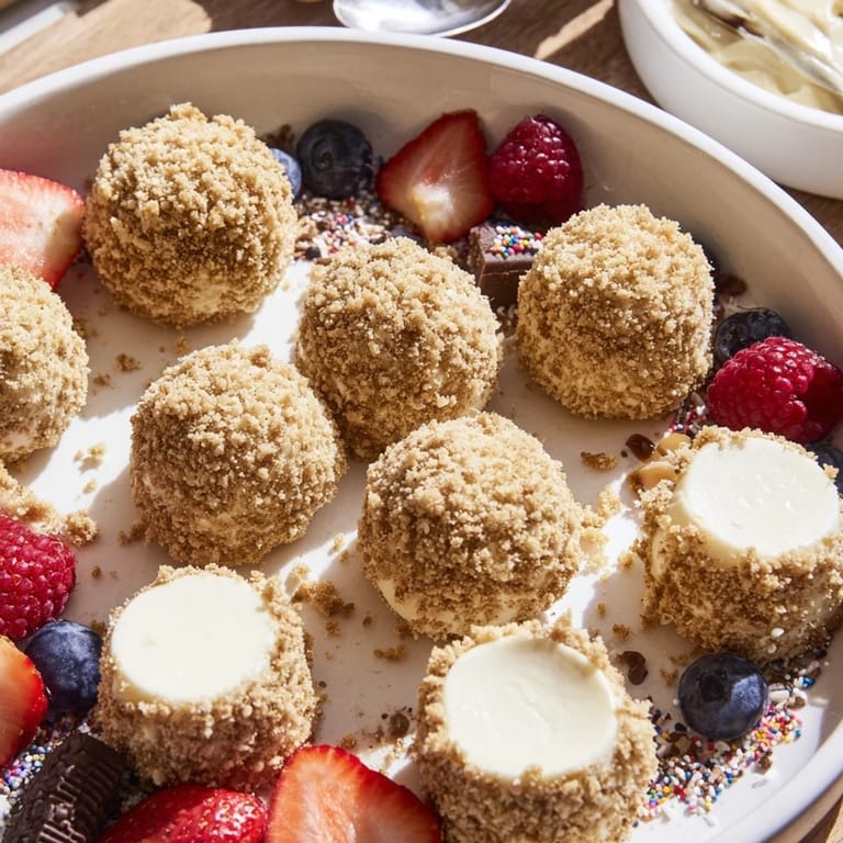 Deliciously creamy cheesecake bites adorned with caramel and colorful sprinkles.