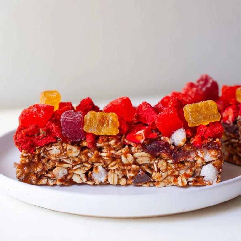 Chewy homemade gummies and whimsical freeze-dried candies on wholesome oat bars.  