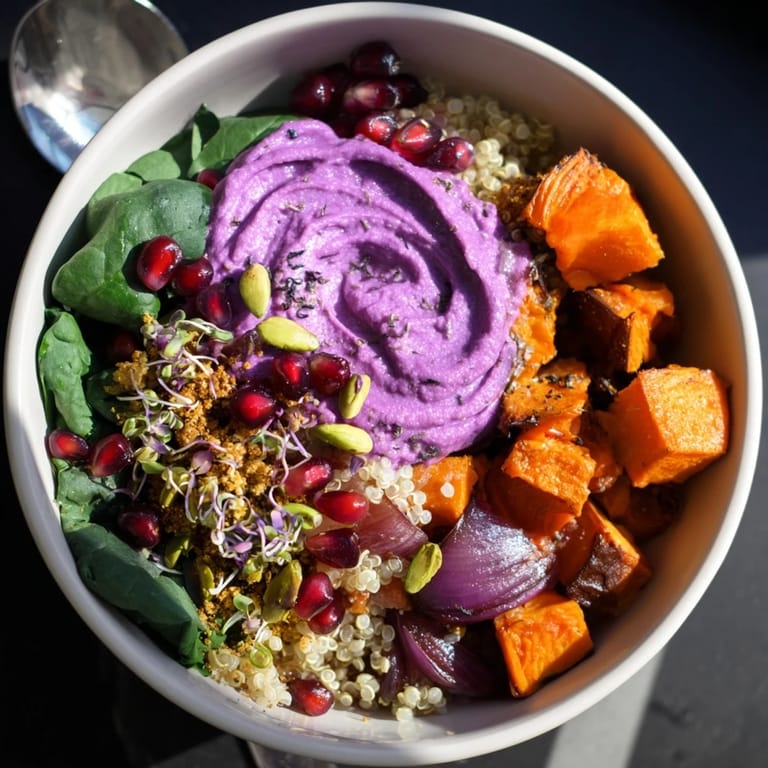 Colorful Spiced Winter Bowls showcasing roasted seasonal veggies and pomegranate seeds.