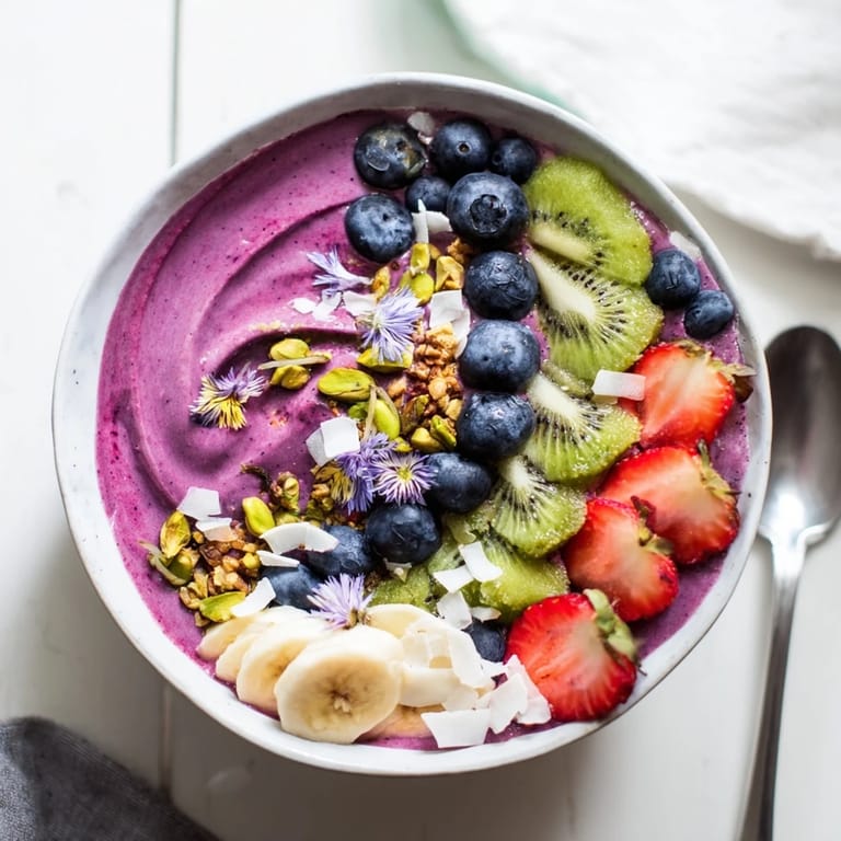 Deliciously unique smoothie bowls with pistachios and colorful fruits for breakfast joy.  