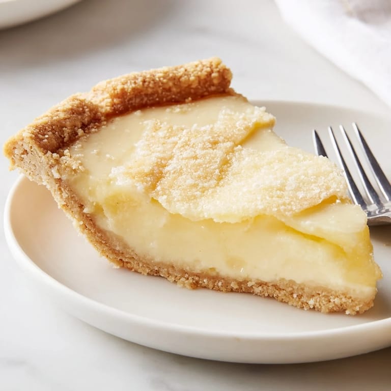 Golden-brown Water Pie topped with vanilla, ready to serve with whipped cream.  