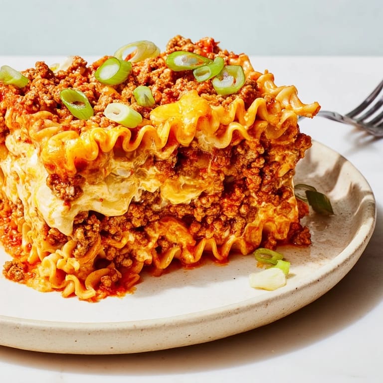 Hearty Spicy Ramen Lasagna, a bold fusion of flavors with a crispy cheese crust.
