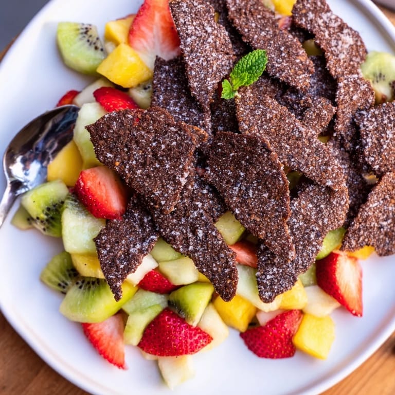 Playful dessert chips and salsa, featuring fresh strawberries and tropical flavors.  