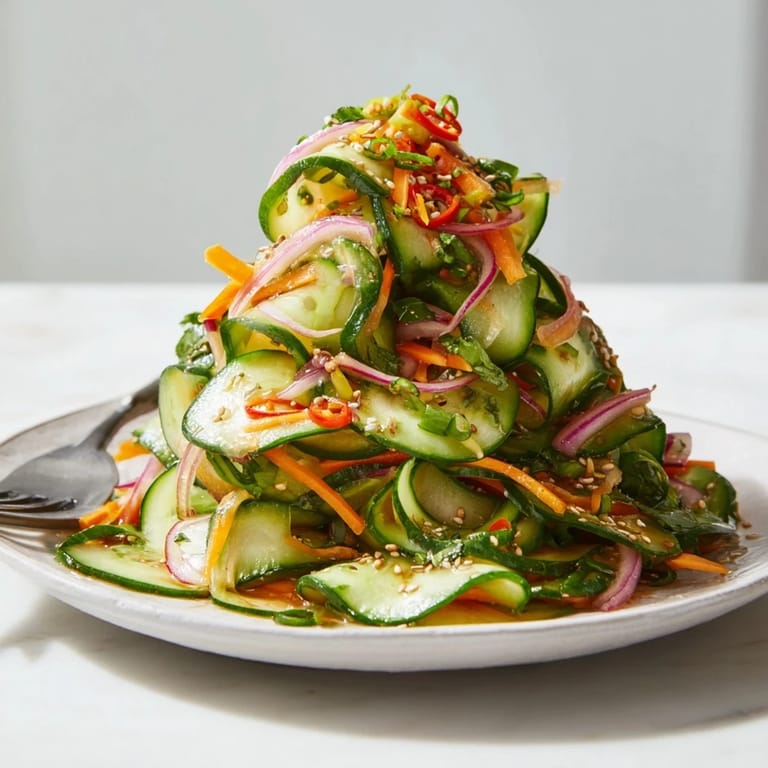 Colorful cucumber salad remix featuring fresh veggies and a zesty, flavorful sauce.