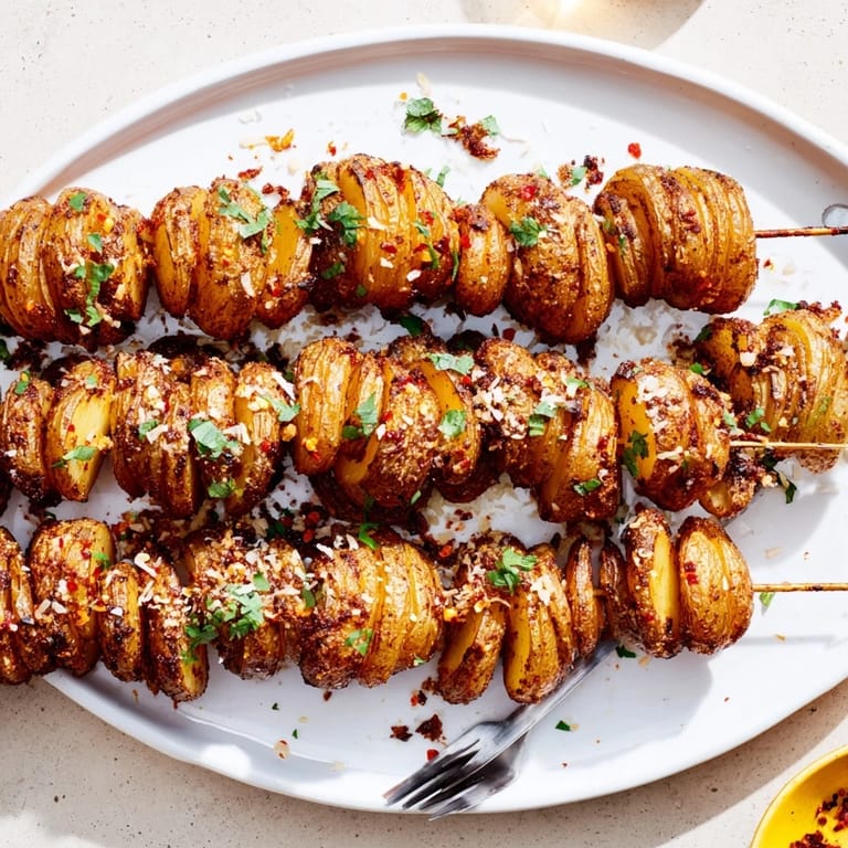 Spiral-cut Air-Fryer Tornado Potatoes, perfectly seasoned and served on skewers.  