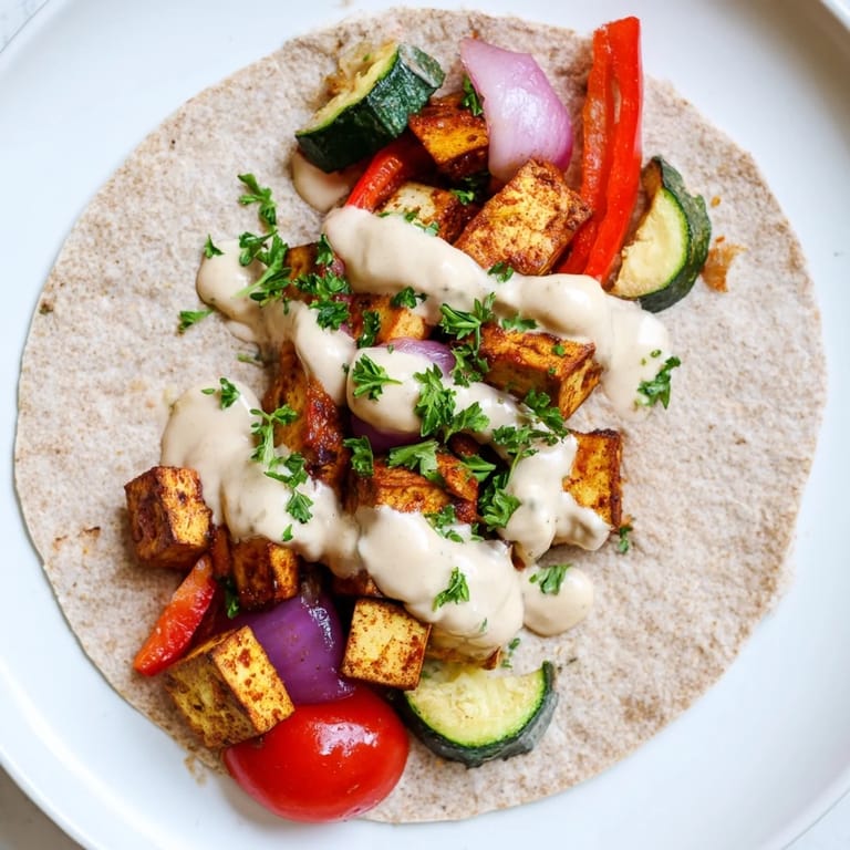 Delicious plant-based meal with marinated tofu drizzled in tangy tahini-yogurt sauce.