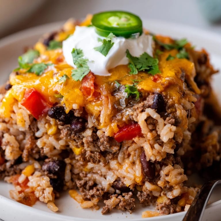 Warm, comforting Tex-Mex Beef & Rice Casserole with vibrant peppers and savory spices.  